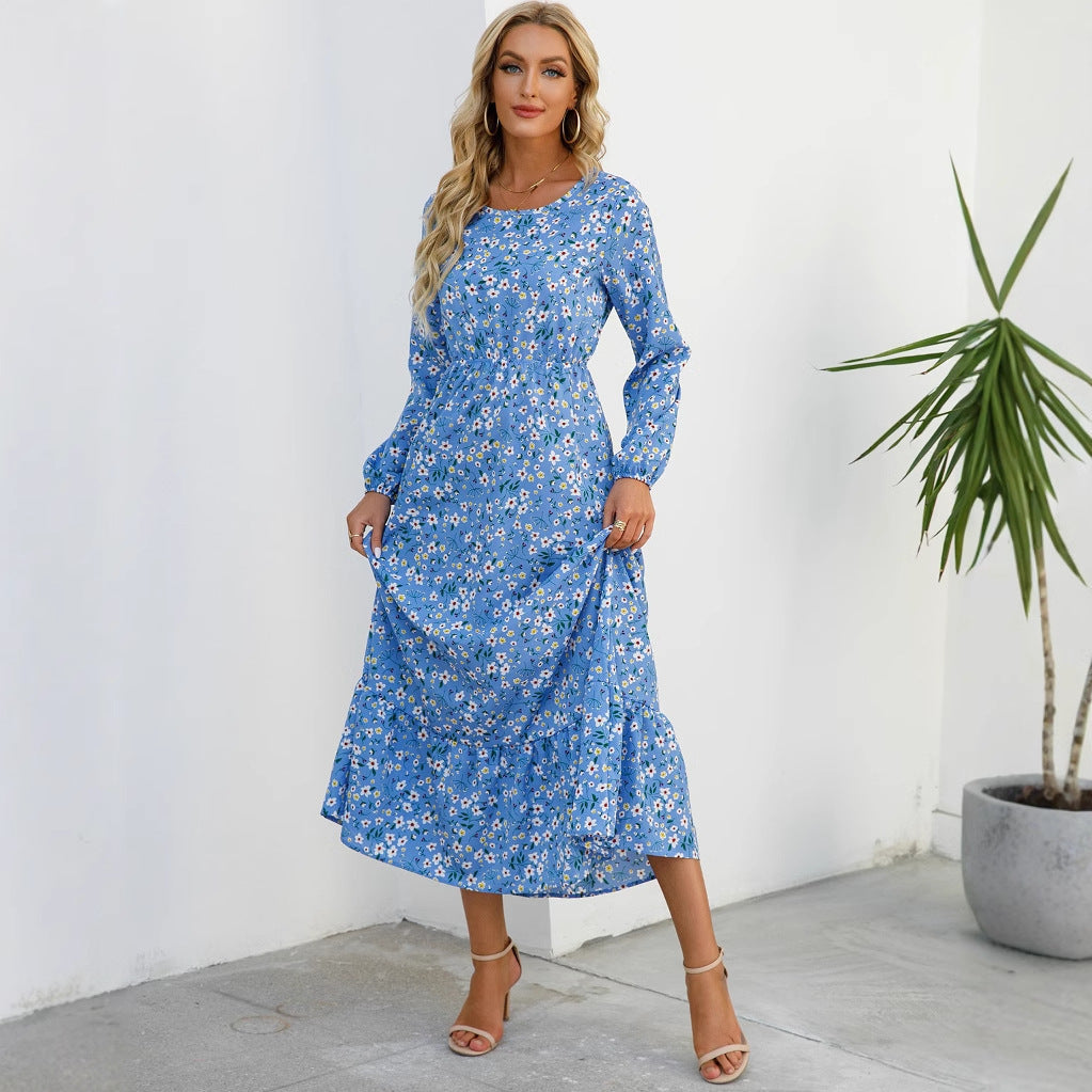 Spring and Autumn floral chiffon dress waist thin long sleeve round neck long printed skirt children