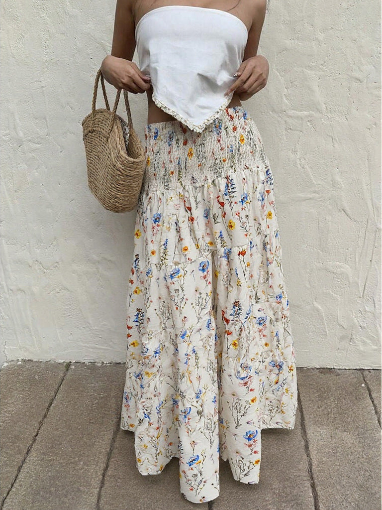 Floral Skirt Women Summer Printed Drooping Slimming Pleated Pleated A line Skirt