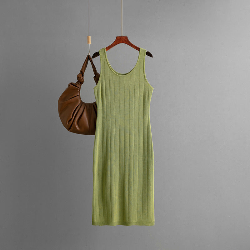 Slim Fit Double round Neck Solid Color Knitted Sling Dress Slimming Slimming Sexy Sheath Dress