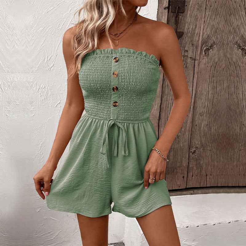 Summer Casual Vacation Solid Color Jumpsuit Design Sense Elastic Tube Top Jumpsuit Shorts Belted Wide Leg Jumpsuit With Button