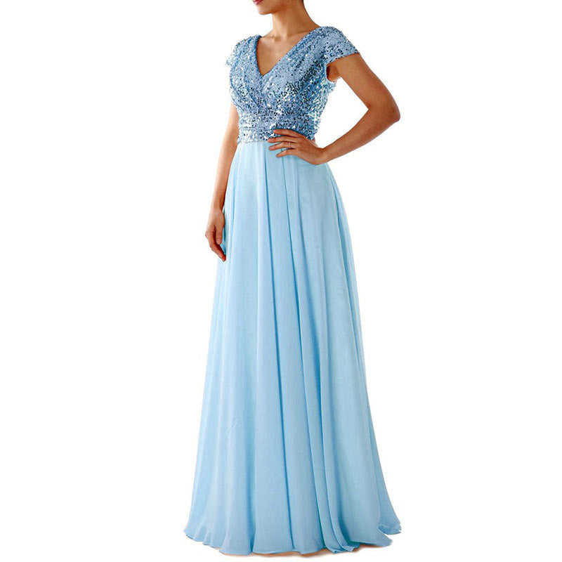 Summer Dress V neck Sequ Chiffon Stitching Evening Maxi Dress