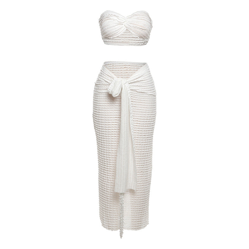 Fall Women Clothing Sexy Lace Tube Top High Waist Slim Fit Tied Long Skirt Set Women