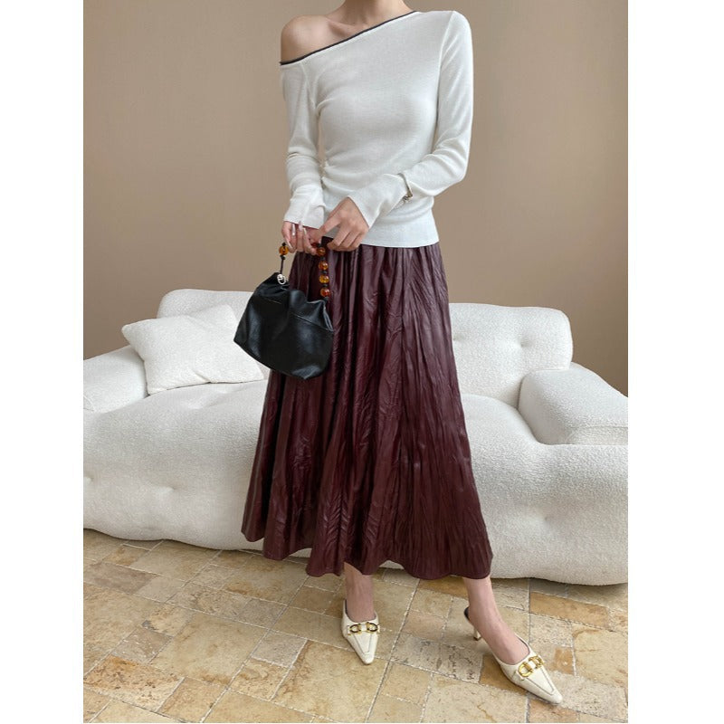 Early Autumn Light Luxury Texture Pleated Faux Leather Elastic Waist A line Leather Skirt