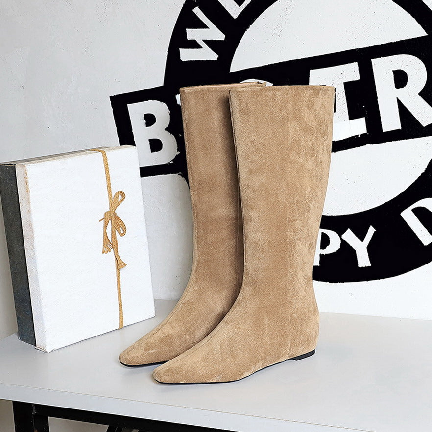 Women Over The Knee Boots Simple All-Match Middle Heel Wedge Height Increasing ole Suede High Leg Boot