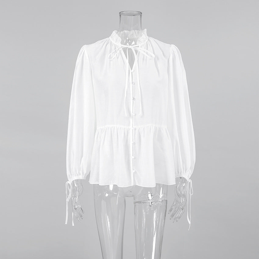 Wrinkle Loose Small Stand Collar Puff Sleeve Women Shirt Autumn Winter Top