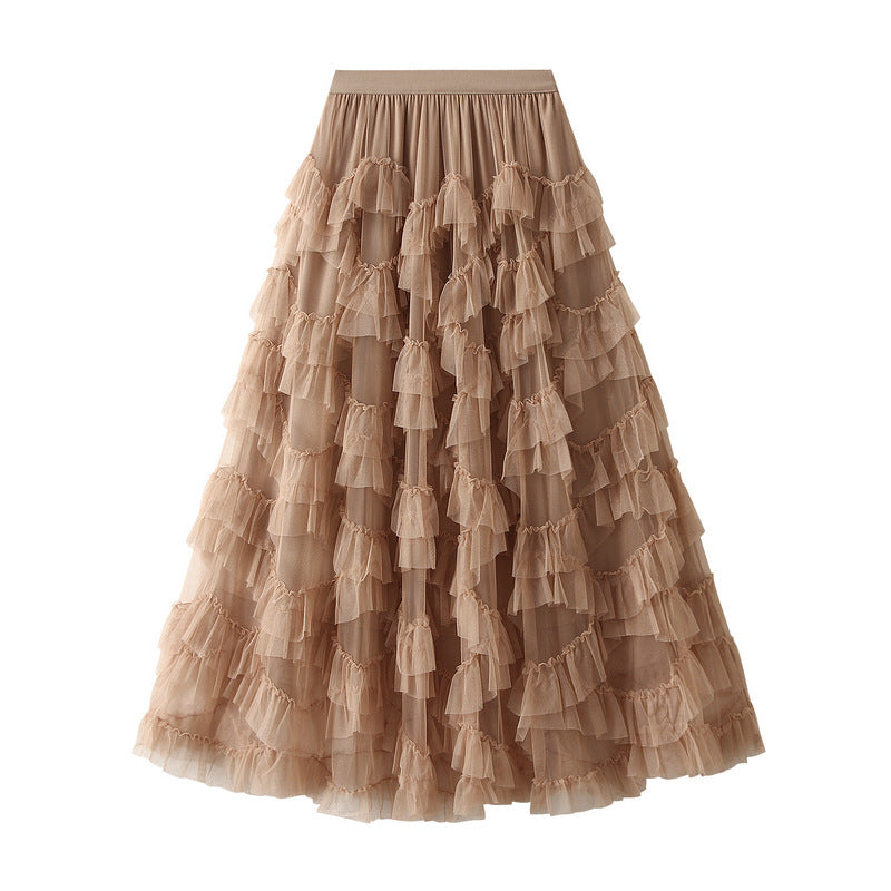 Super Fairy Heavy Industry Lace Mesh Bubble Skirt Slimming Umbrella Skirt Large Swing Elegant Cake Gauze Skirt Mid Length Skirt