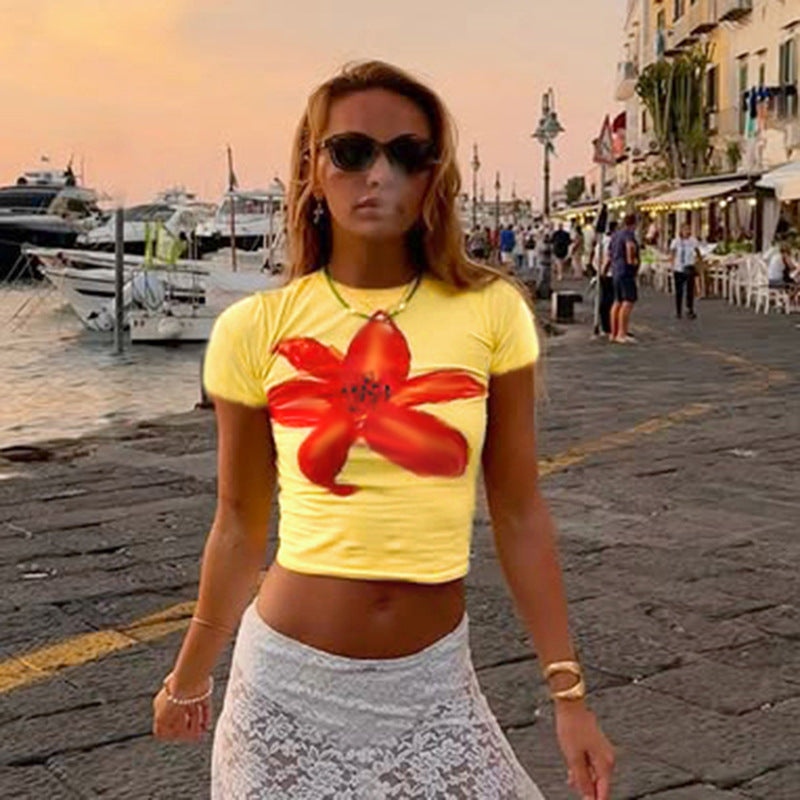 Casual Women Wear Contrast Color Floral Print round Neck Basic Short Sleeve Top Slim Short Sexy T shirt