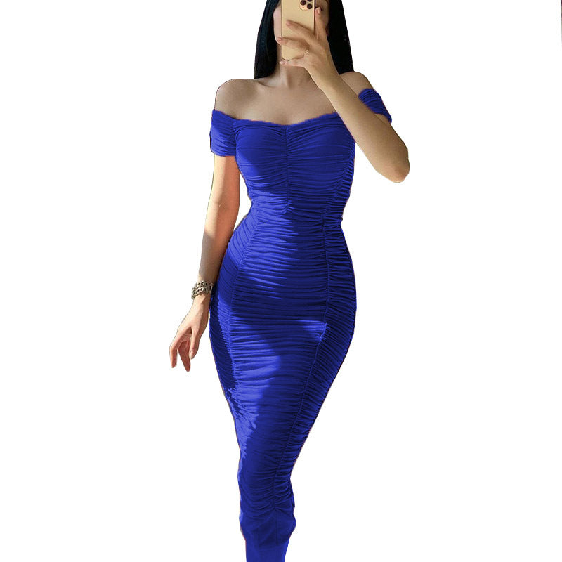 Solid Color Dress Elegant Summer Women Clothing off-Shoulder Pleated Dress