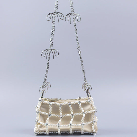 Pearl Hollowed out Plaid Crossbody Chain Bag Handmade Beaded Bag Special Interest Women Bag Direct