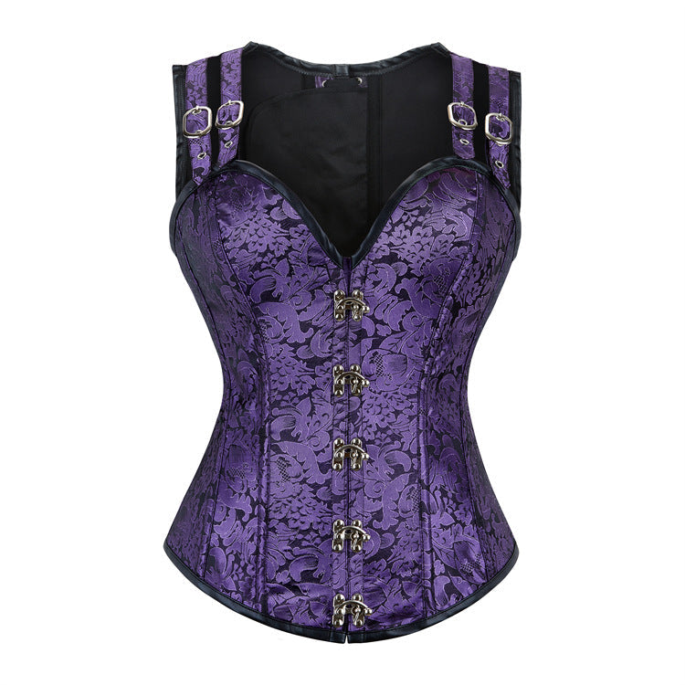 Court Black Tie Sleeveless 12 Steel Rib Double Buckle Chain Button Belly Contracting Small Waist Corset