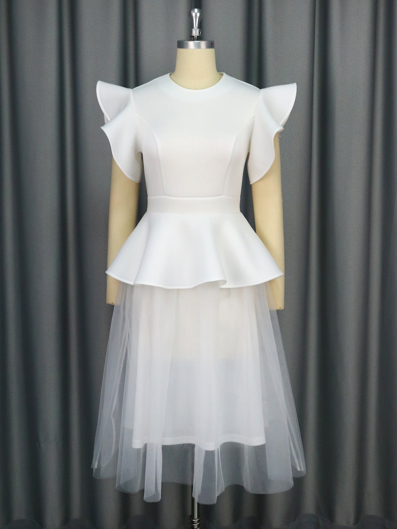 Women Wedding Ruffled Dress Light Mesh Stitching Flab Hiding Midi Dress
