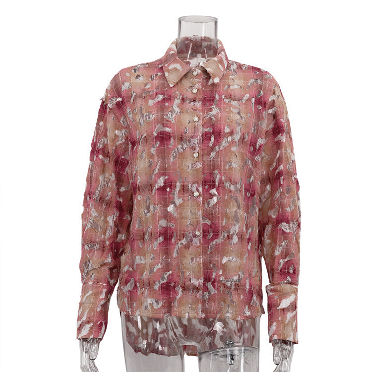 Street Spring Autumn Ripped Design Pink Plaid Shirt Women Collared Long Sleeve Cardigan All Matching Top