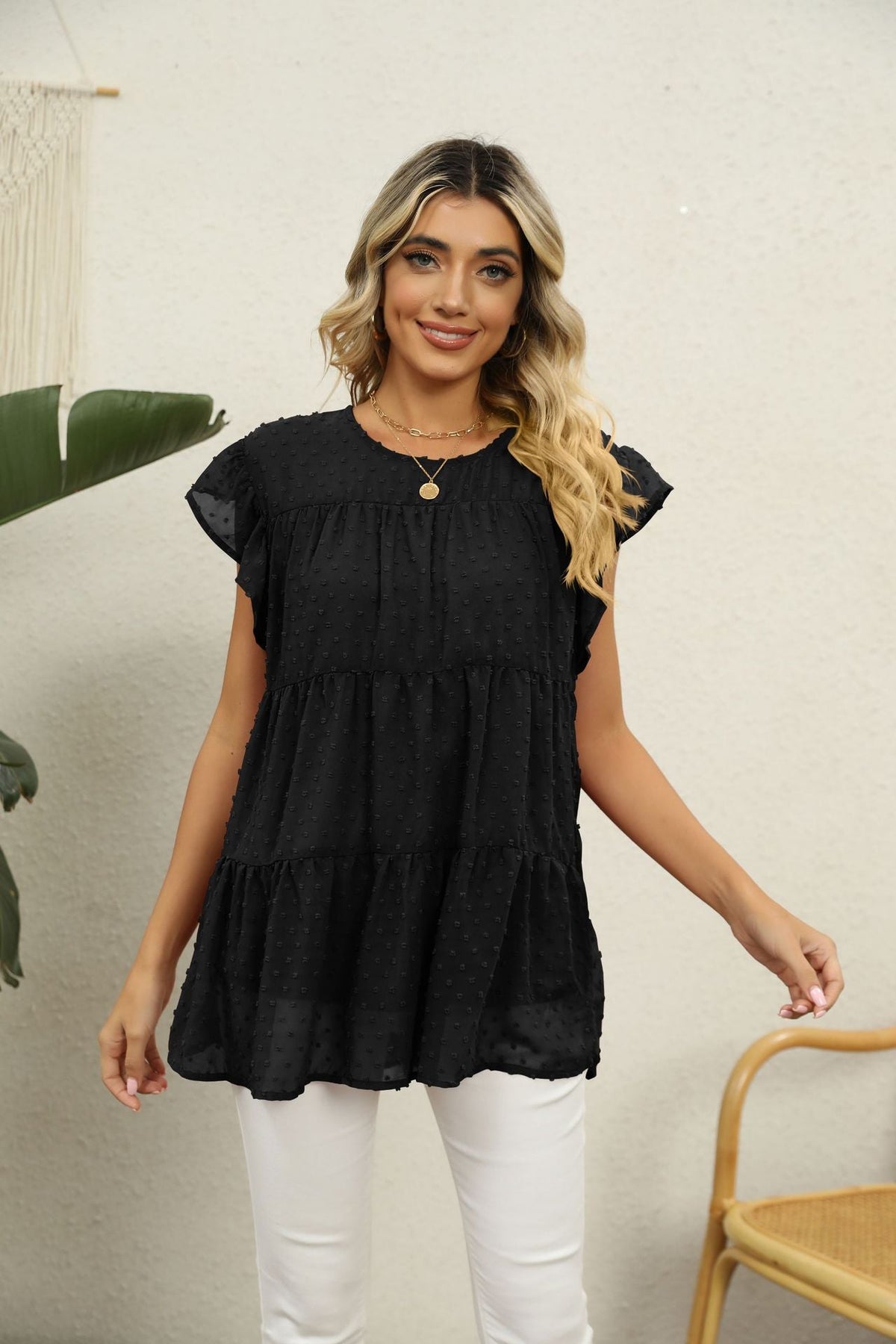 Jacquard Loose Fitting Casual Comfortable Stitching Short Sleeved Top