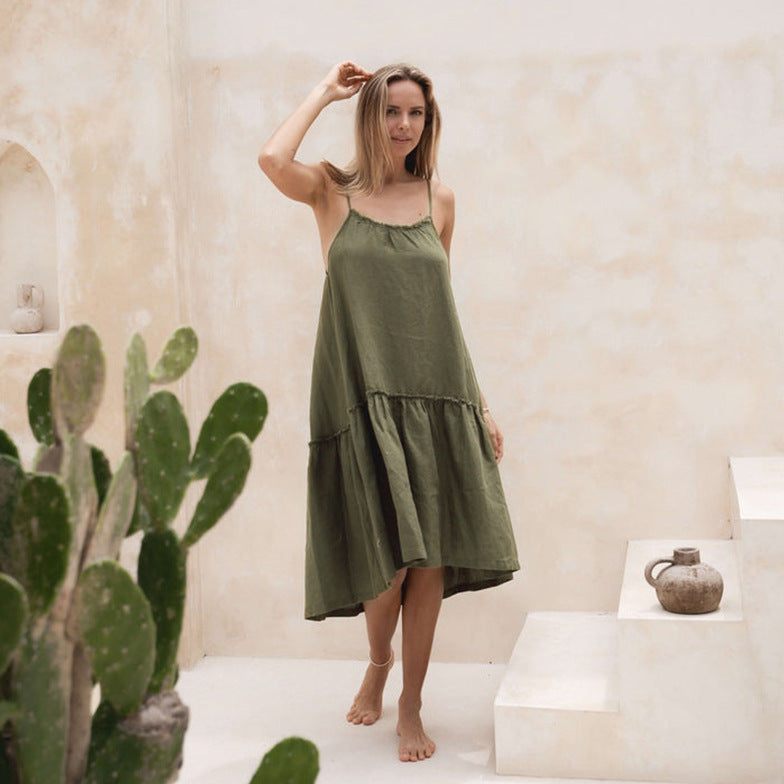 French Vacation Linen Suspender for Women Summer Backless Dress Tassel round Neck Loose Fitting Mid Length Dress