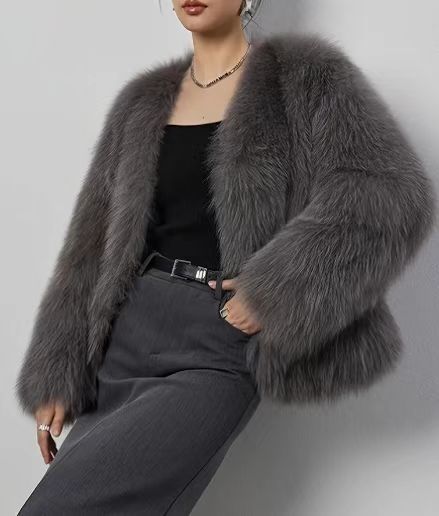 Fur V neck Artificial Fur Coat Short Fox Fur Fur Coat Fluffy Plush Women Clothing