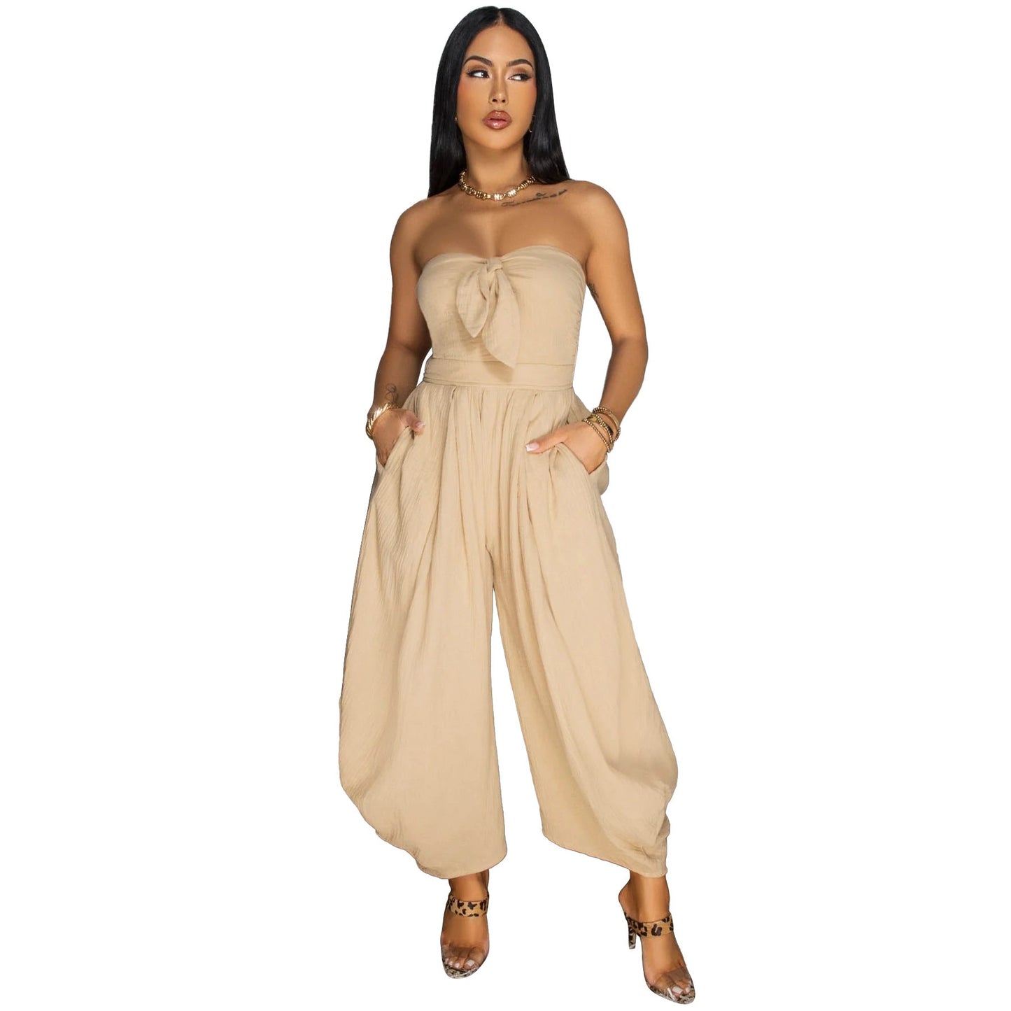 Women Summer Sexy Wrapped Chest Collar Solid Color Jumpsuit