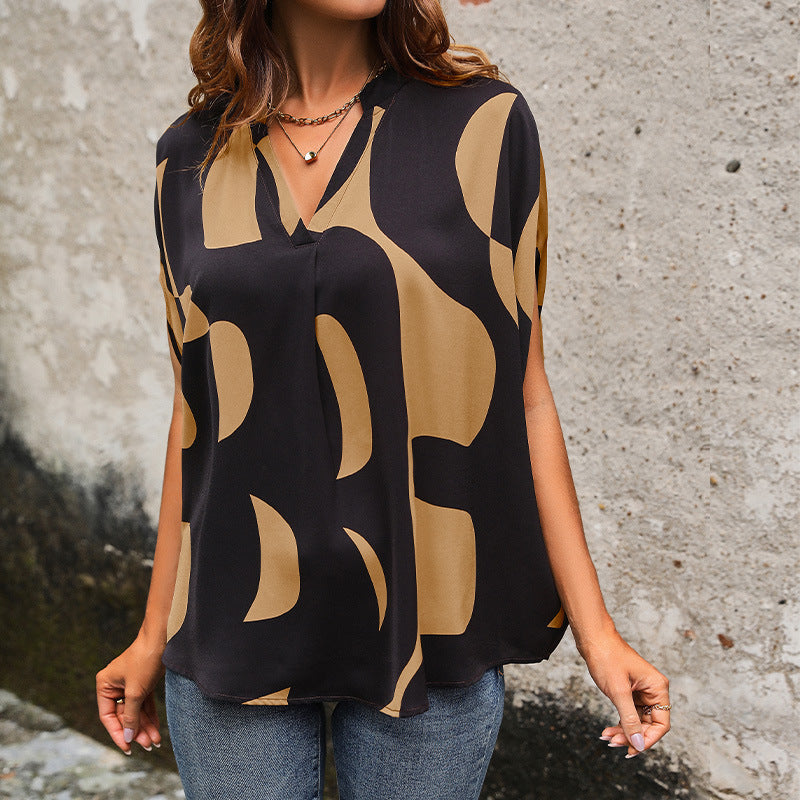 Summer Women Clothing Short Sleeve Pullover V neck Printed Shirt