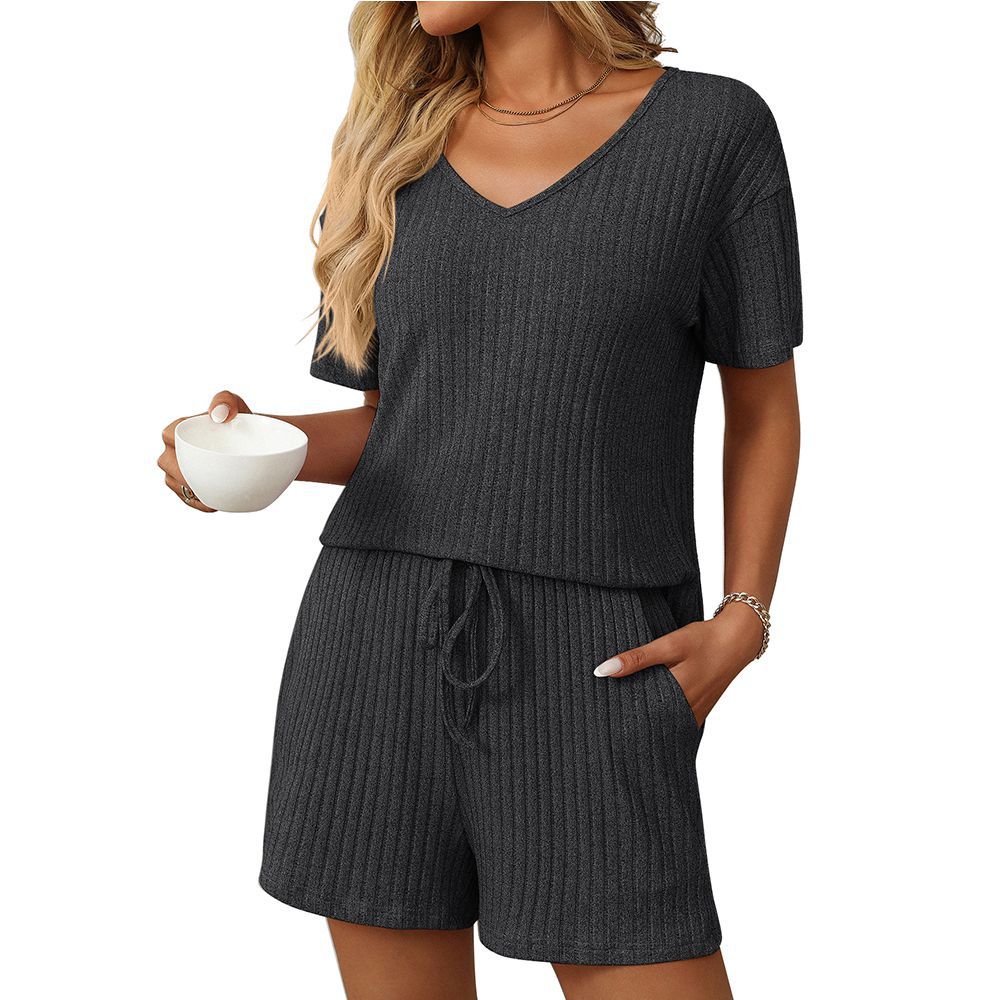Women Clothing Summer Solid Color Rib Fabric Short Sleeved Two Piece Pant Sets