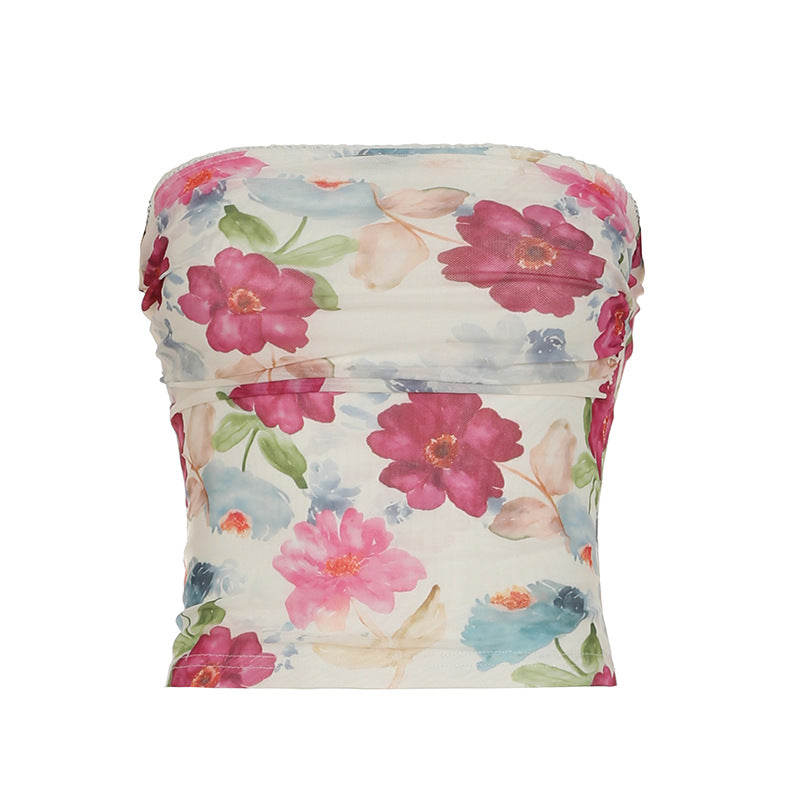 Vacation Women Summer Mesh Floral Print Horizontal Bra Sexy Corset Short Vest