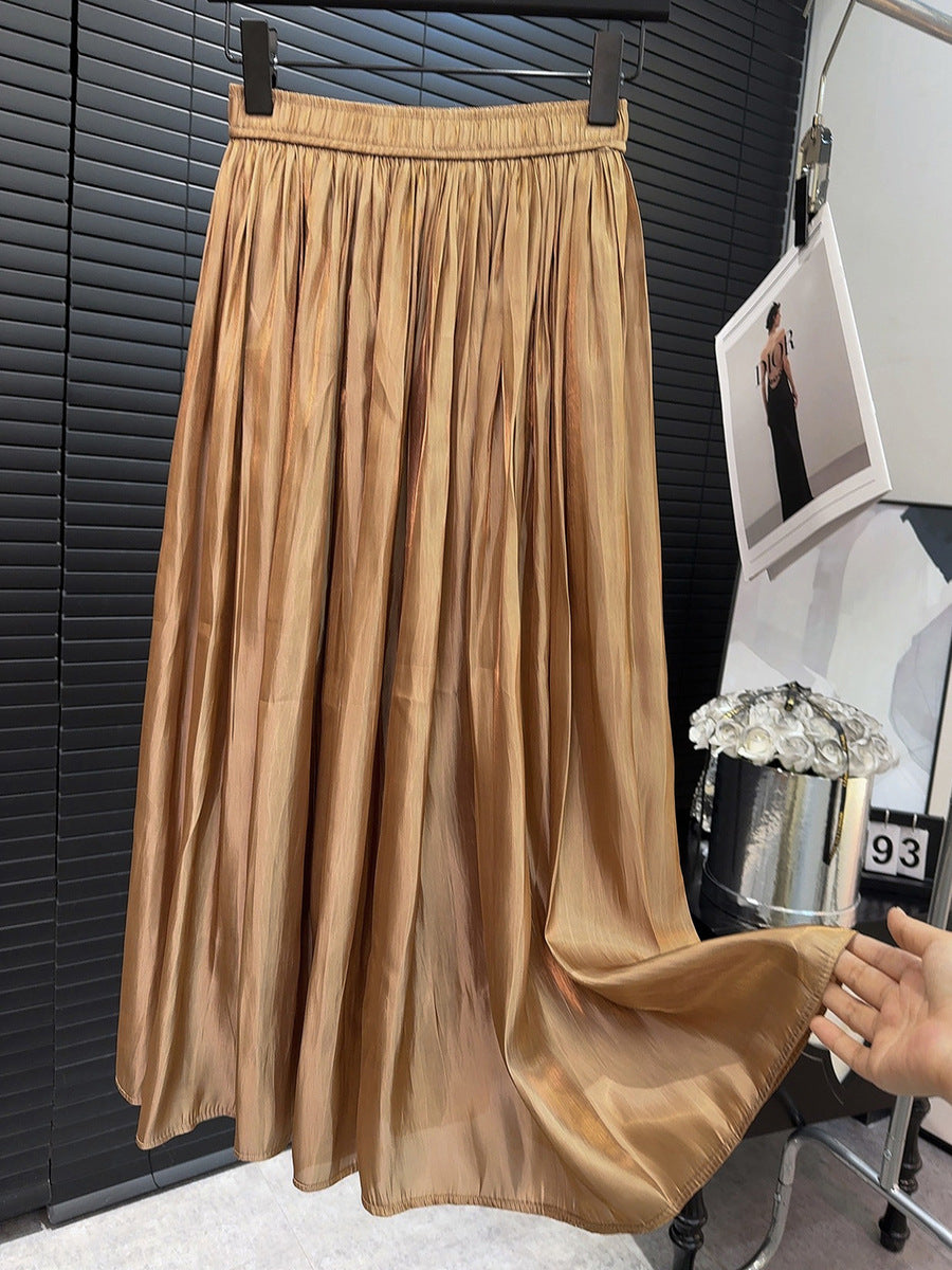 High Grade Glossy Pearlescent Chiffon Pleated Skirt Retro Fashionable Pleated Drooping Slimming High Waist A line Skirt