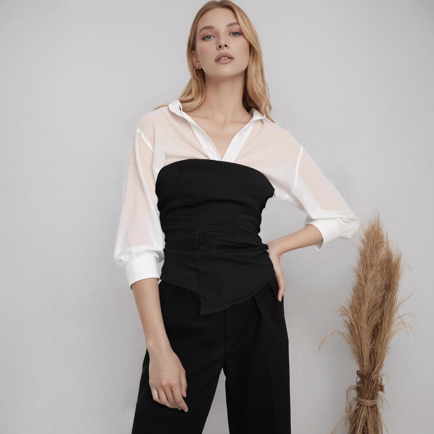 White V neck Waist Three Quarter Sleeve Shirt Women French Elegant Niche Slimming Top