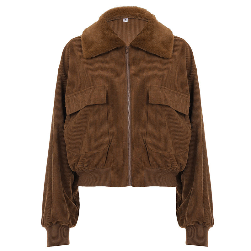 Retro Brown Coat Fur Collar Stitching Corduroy Jacket Sexy Street Zipper Cardigan Short Top