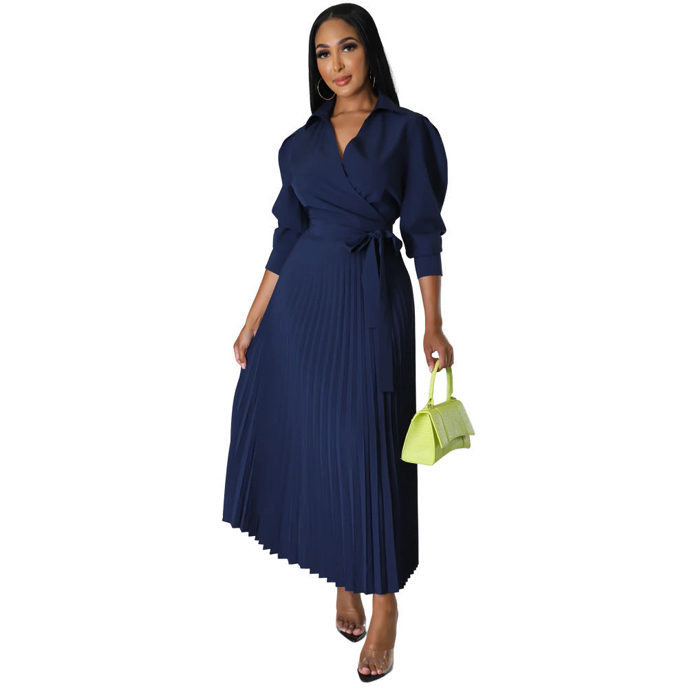 Spring Summer Long Sleeves Polo Collar High Waist Casual Pleated Women Clothing Dress