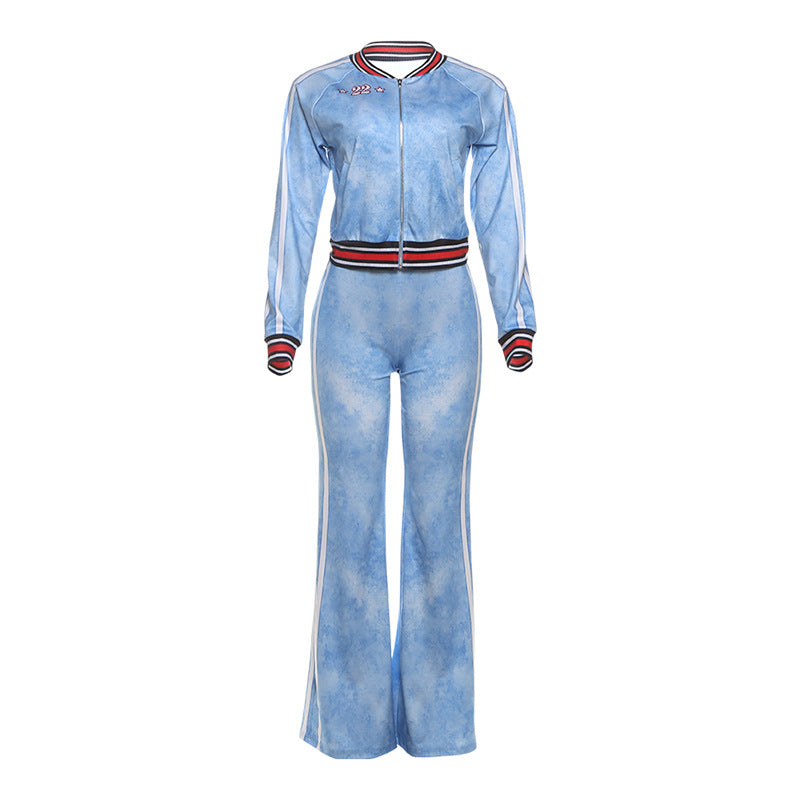 Fall Women Clothing Striped Color Matching Long Sleeved Top Bootcut Pants Casual Two Piece Sets Women