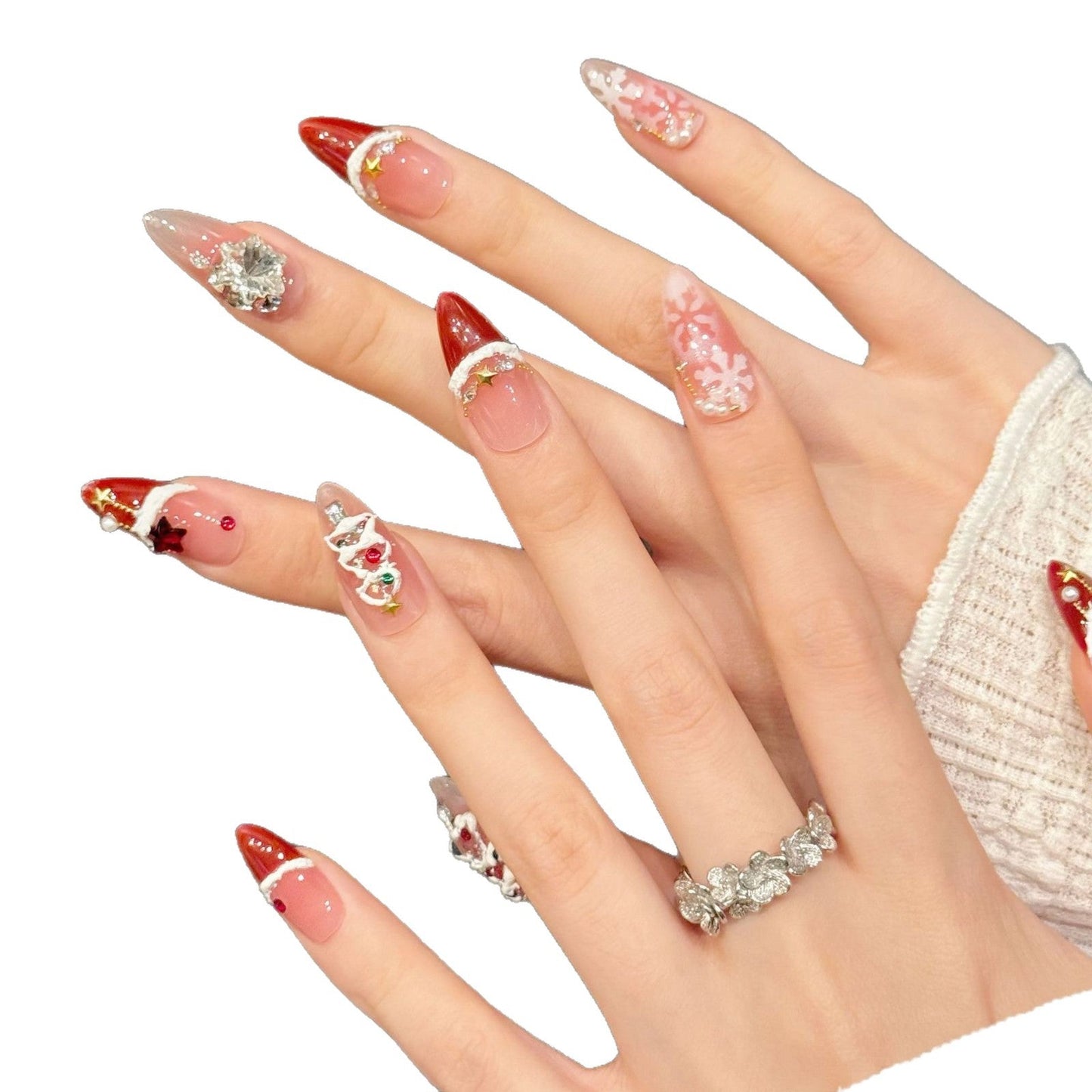 Red Velvet Snowflake Christmas Blush French Nail Art Handmade Nail Art