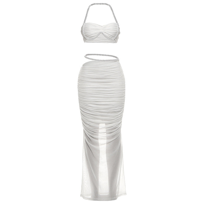 Autumn Winter Women Clothing Pearl Decoration Sexy Cropped Wrapped Chest Low Waist Hip Wrapped Long Skirt Set