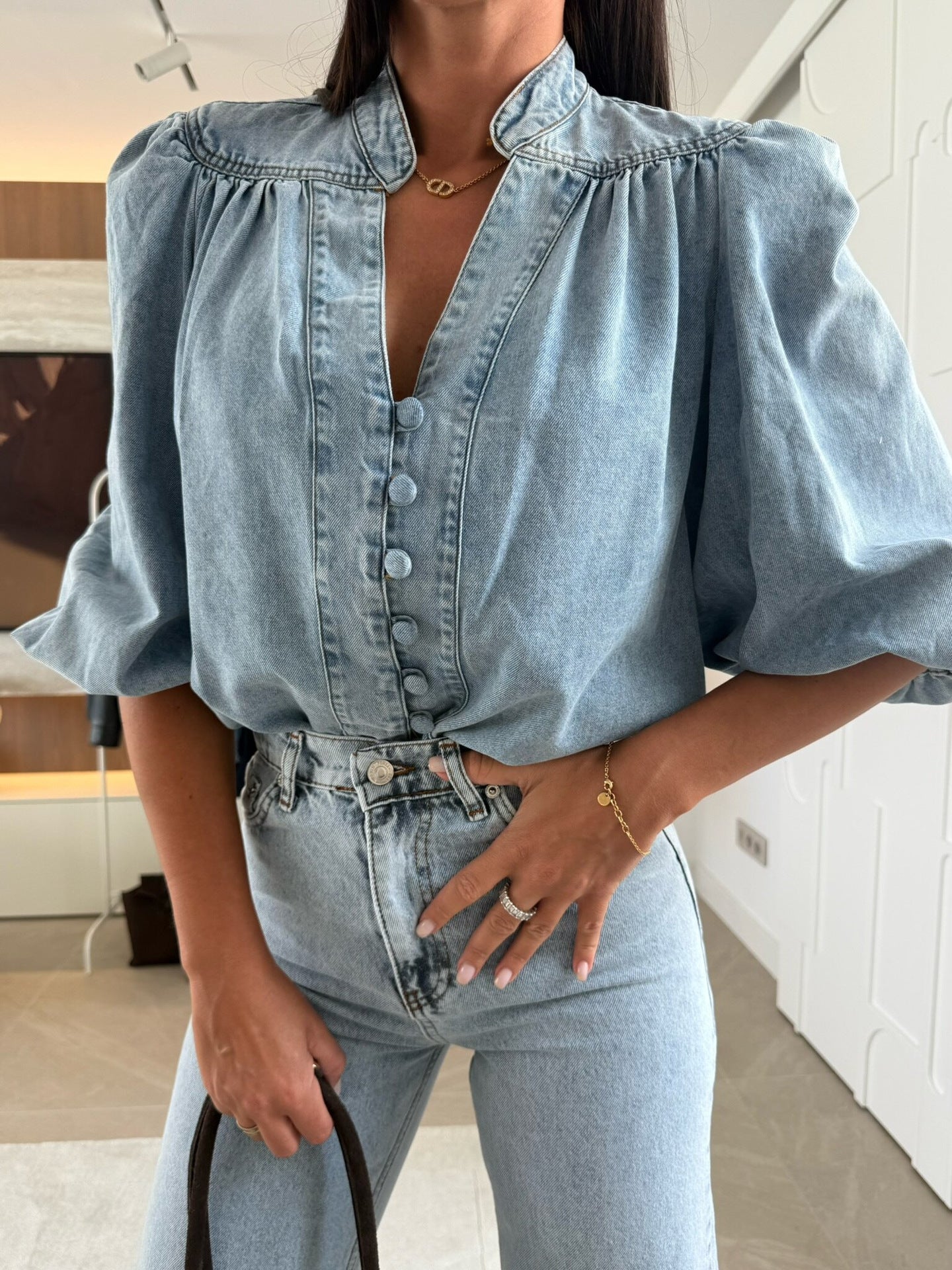 Women Spring Autumn Casual Retro Lantern Sleeve V neck Denim Shirt