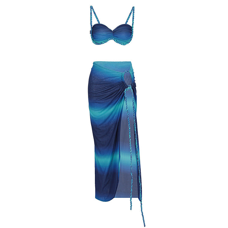 Summer Sexy Beach Vacation Swimsuit Woven Halter Top Top Split Skirt Set