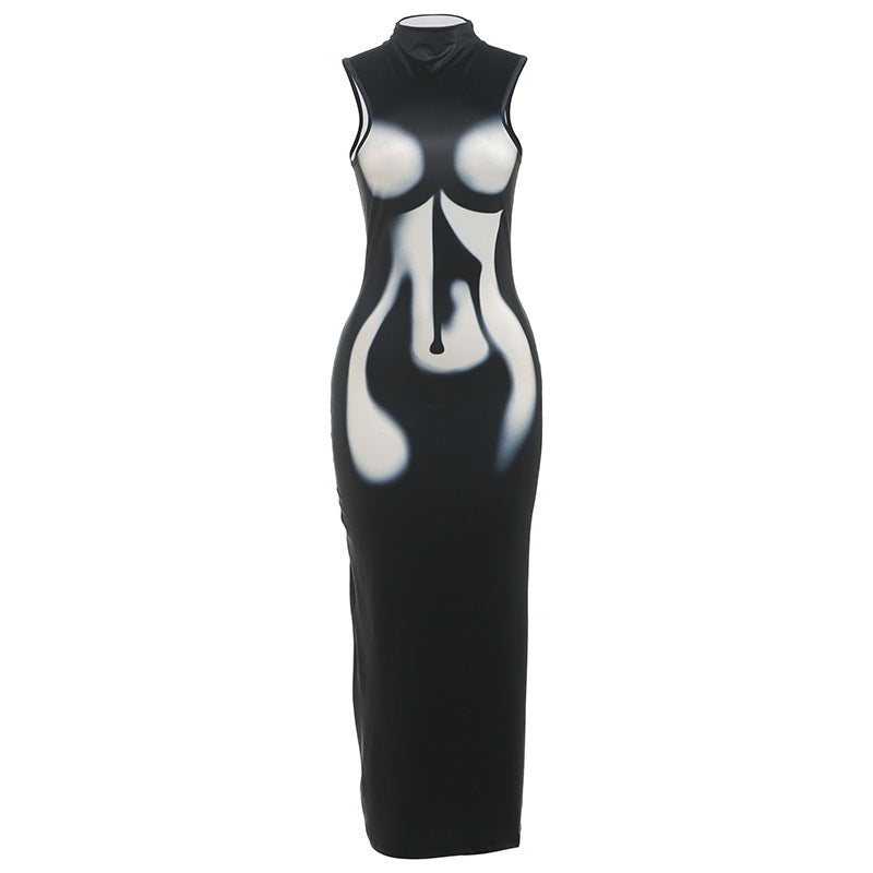 Autumn Winter Women Clothing Sexy Slim Crew Neck Personality Body Print Sleeveless Dress