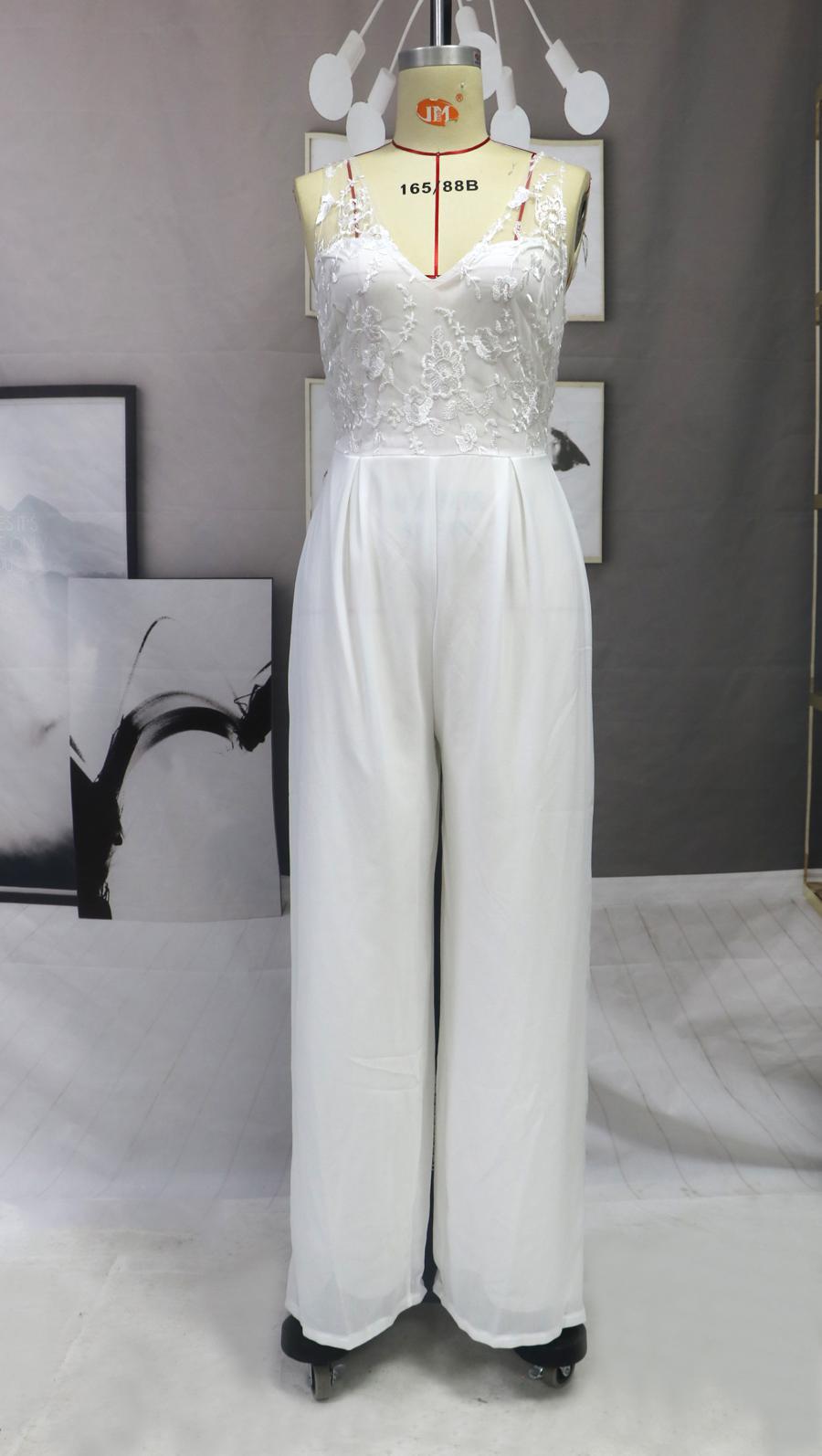 Jumpsuit Lace Chiffon Jumpsuit V neck Mid Waist White Trousers Wide Leg Pants