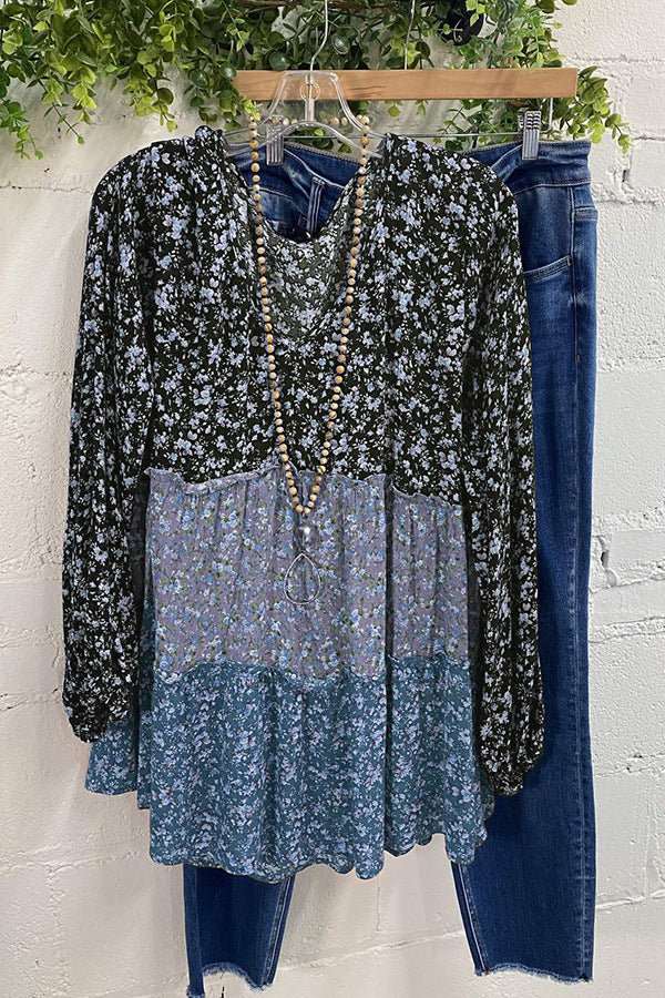 Autumn Women Tops Floral Three Color V Neck Patchwork Long Sleeve Gathers T Shirt