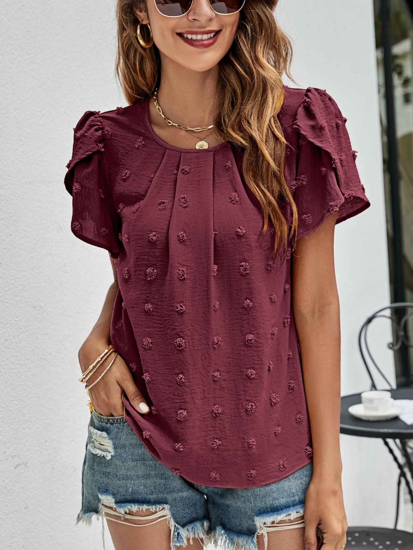 Women Clothing Summer round Neck Casual Tulip Sleeve T shirt Jacquard Top Women
