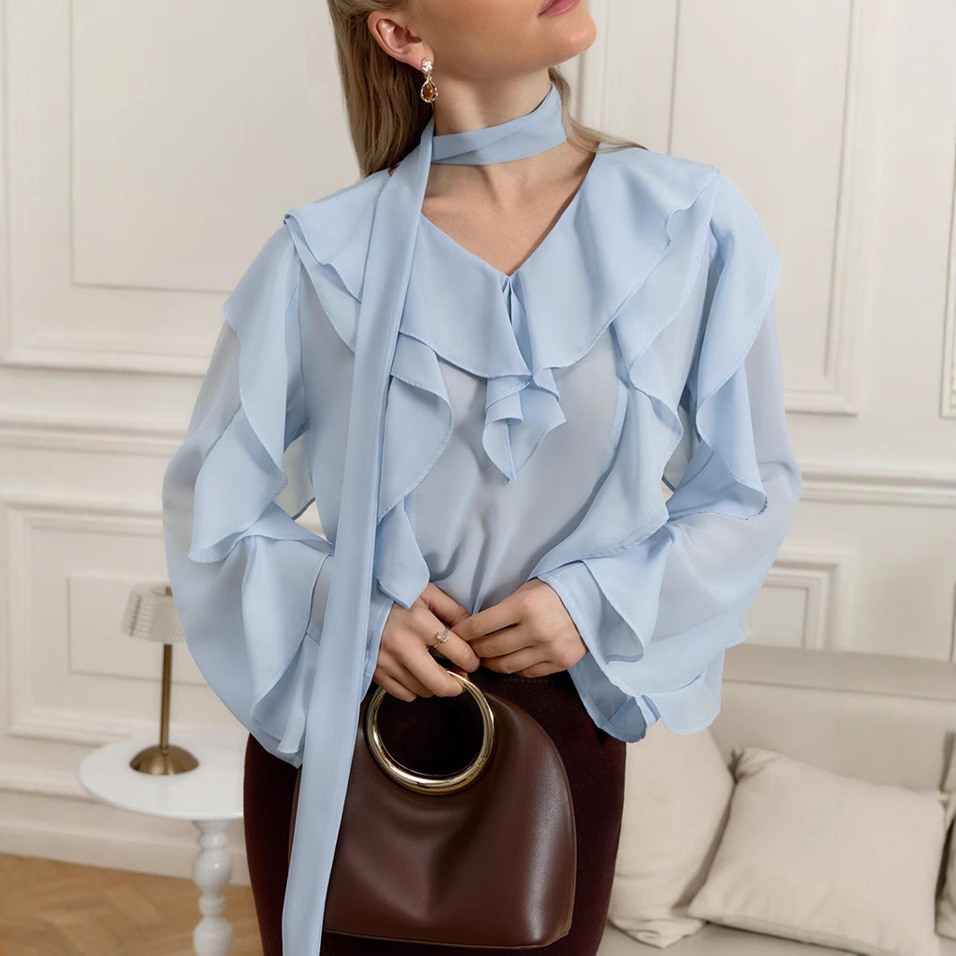 Spring Summer Comfortable V neck Flounce Long Sleeve Loose Shirt Design Office All Matching Top