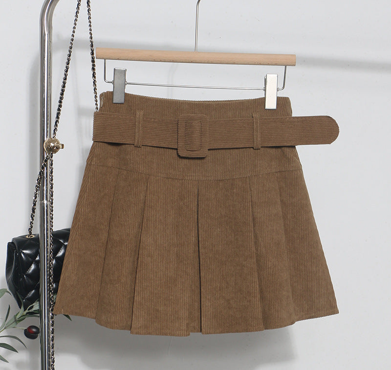 Corduroy Skirt Autumn Winter High Waist Pleated Skirt Anti Exposure A line Umbrella Skirt