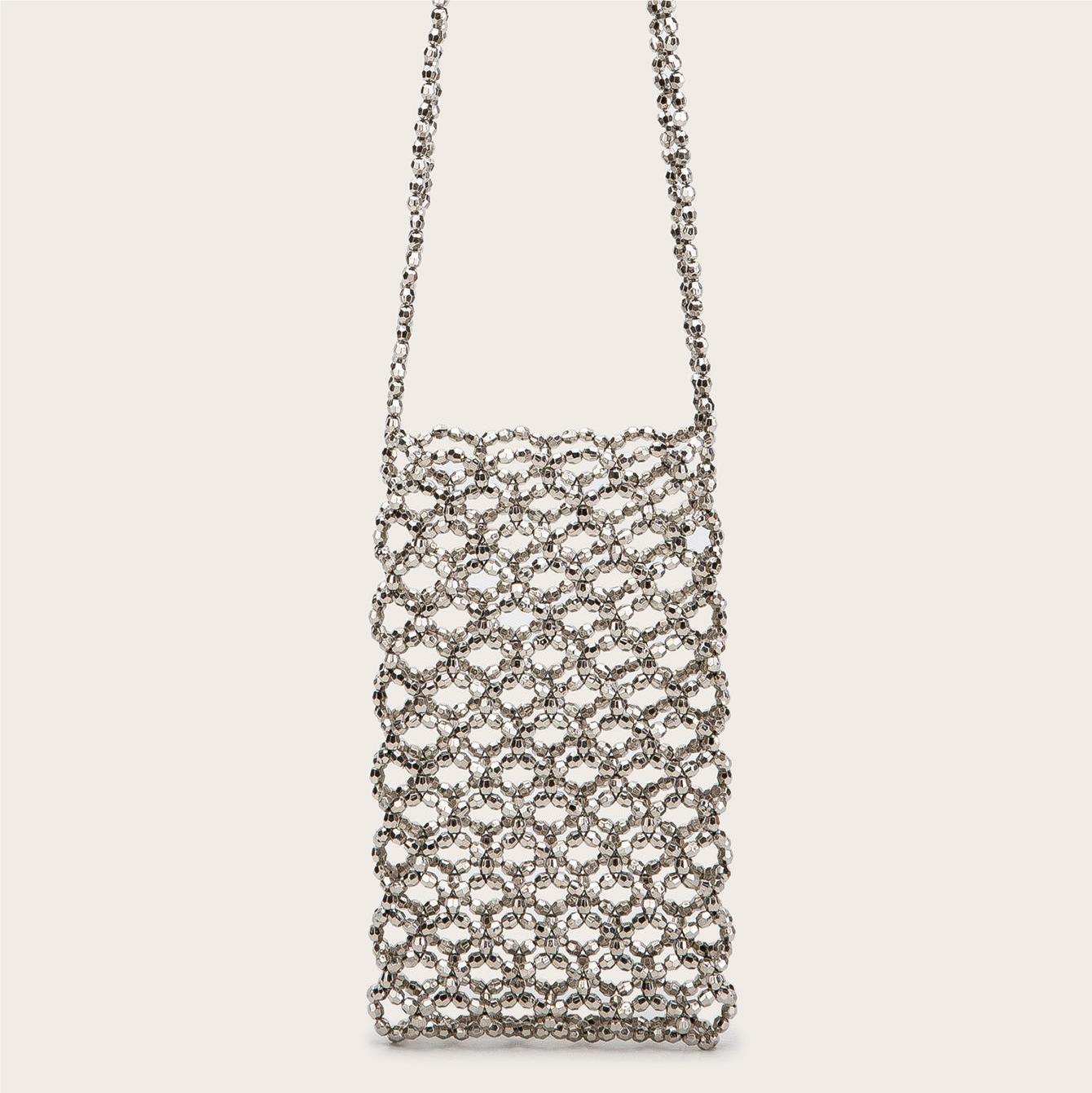 Summer Silver Electroplated Acrylic Hand Woven Beads Hollow Out Cutout Bag Trend Phone Crossbody Bag