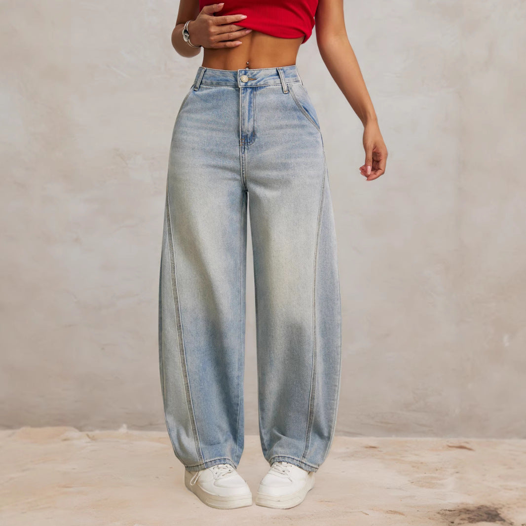 Light Blue Retro Patchwork Machete Jeans Women Spring Summer Split Loose Wide Leg Banana Grandma Pants