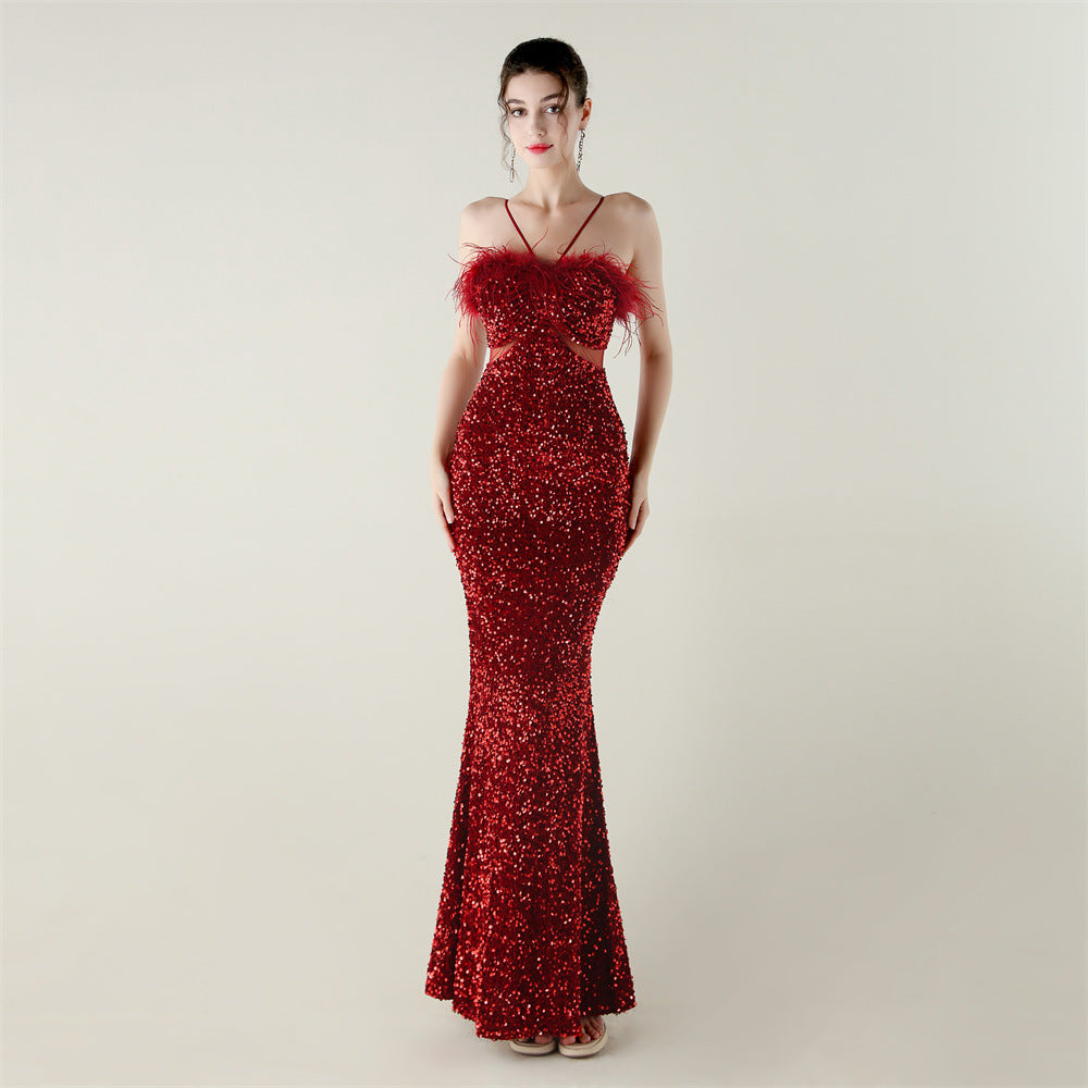 Velvet Bottom Sequin Craft Ostrich Feather Handmade Evening Dress Fishtail A Hemline High End Dinner Dress
