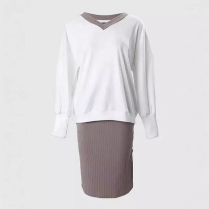 Women Wear Outing Casual Loose V neck Sweatshirt Tight Skirt Long Sleeved Top Two Piece Set