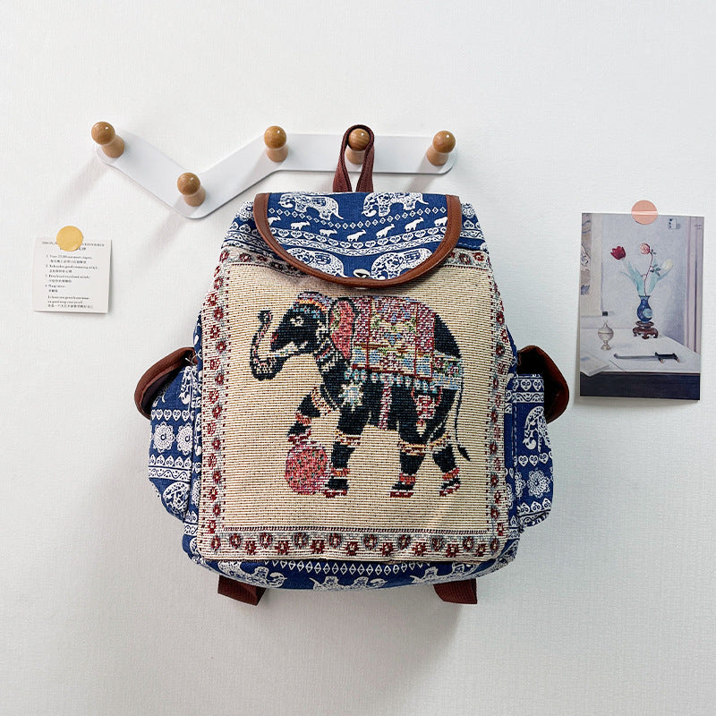 Retro Ethnic Drawstring Backpack – Elephant Embroidery Flap Closure, Bohemian Travel Daypack