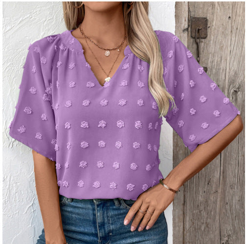 Women Comfortable Loose Jacquard V Neck Short Sleeved Top Women