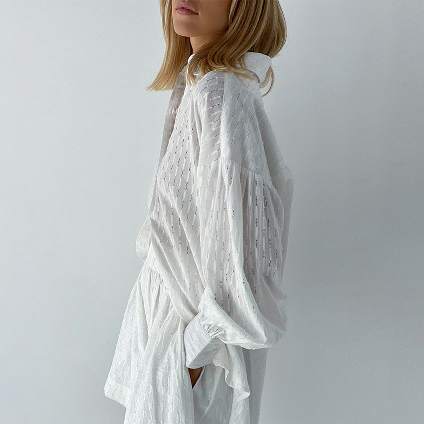 Summer French White Jacquard Cotton Puff Sleeve Casual Shorts Set Ladies Homewear Cool Pajamas