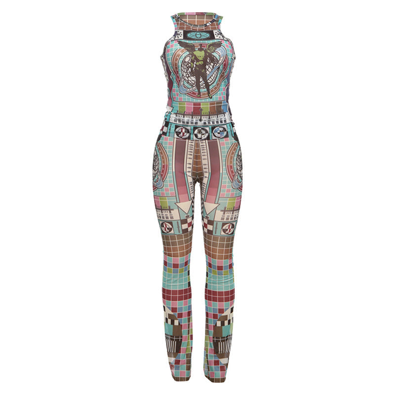 Spring Summer Sexy Slim Vest Personality Mesh Printed Contrast Color High Waist Trousers Two Piece Sets