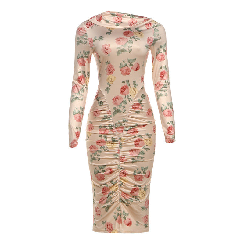 Women Clothing Autumn Winter Slim Fit Oblique Shoulder Pleated Print Long Sleeve Midi Dress