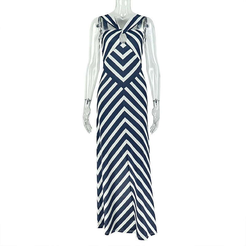 Graceful Personality Women Printed Black White Striped Suspender Dress V neck Hollow Out Cutout Maxi Dress