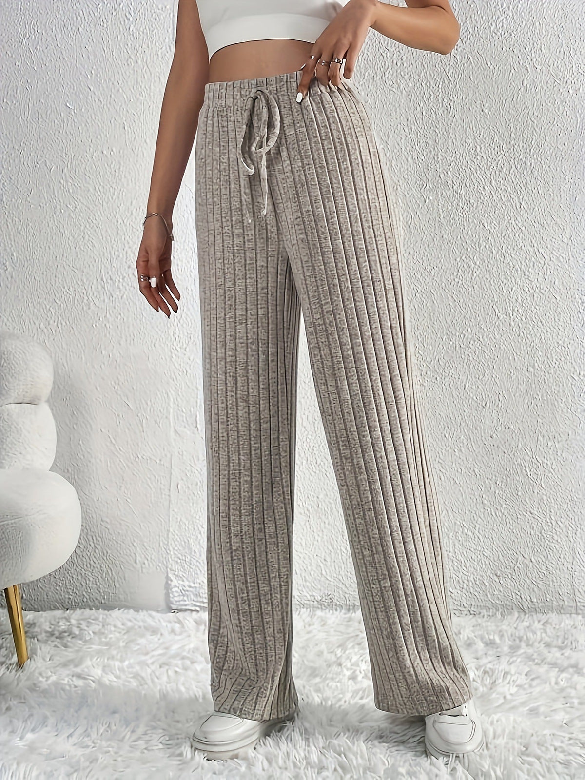 Women Casual Pants Loose Elastic Waist Sunken Stripe Rib Knitted Pants Draping Straight Leg Trousers