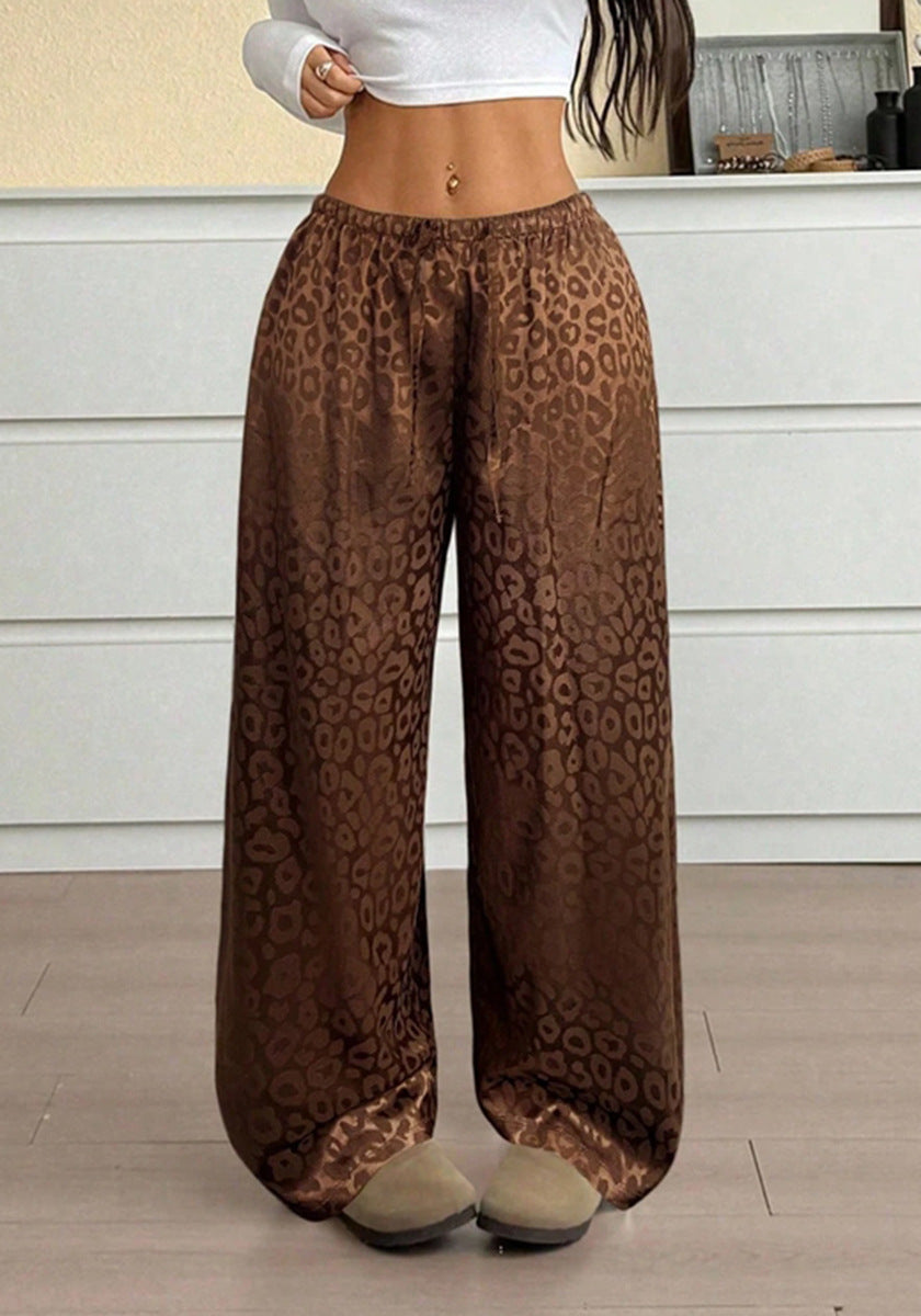 Women Clothing Autumn Satin Casual Pants Drawstring Leopard Print Mop Wide Leg Pants Long Pants